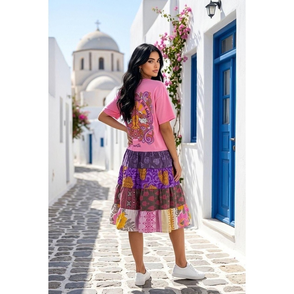 15 Upcycled Blessed Girl Patchwork T-Shirt Dress Pink Boho Graphic Mini One OOAK